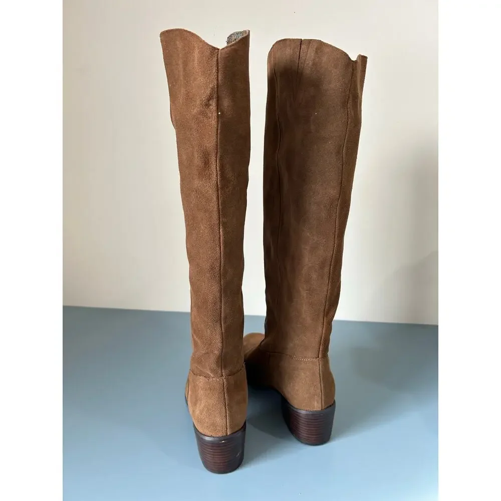 Twiggy London brown suede tall boots womens 11 small heel pull on some flaws - Picture 3 of 11